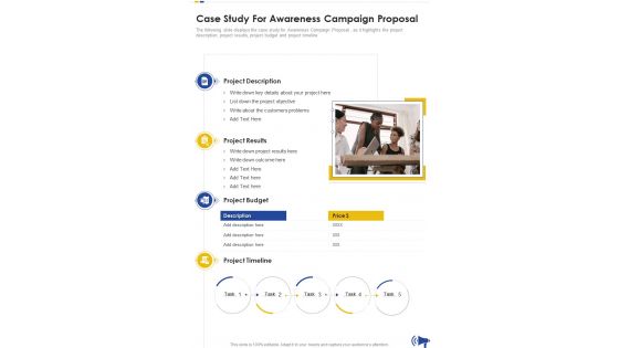 Case Study For Awareness Campaign Proposal One Pager Sample Example Document