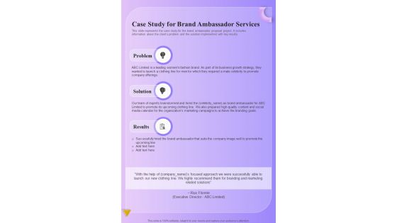 Case Study For Brand Ambassador Services One Pager Sample Example Document