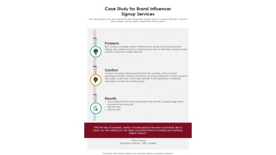 Case Study For Brand Influencer Signup Services One Pager Sample Example Document