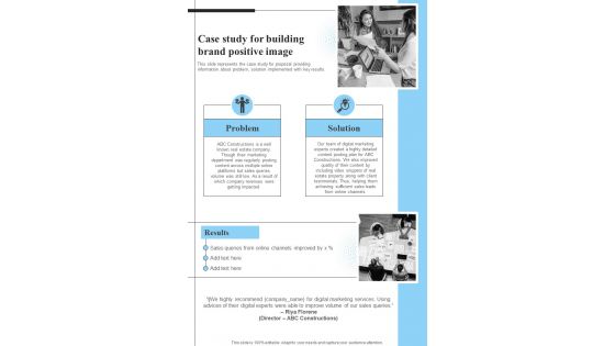 Case Study For Building Brand Positive Image One Pager Sample Example Document