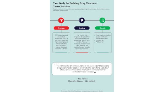 Case Study For Building Drug Treatment Center Services One Pager Sample Example Document