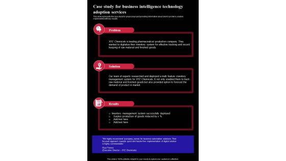 Case Study For Business Intelligence Technology Adoption Services One Pager Sample Example Document