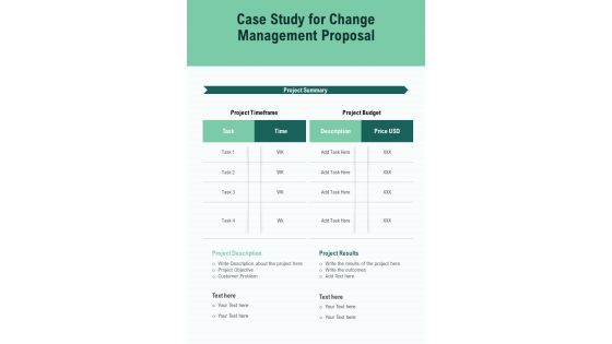Case Study For Change Management Proposal One Pager Sample Example Document