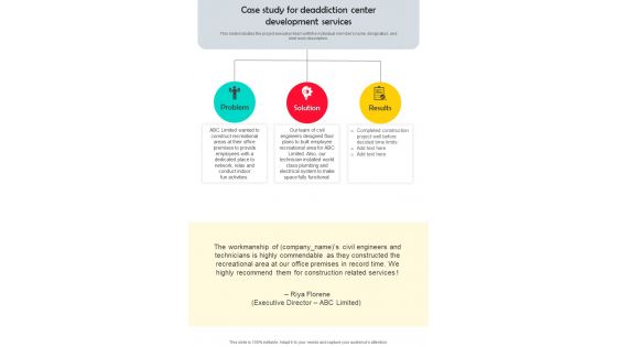 Case Study For Deaddiction Center Development Services One Pager Sample Example Document