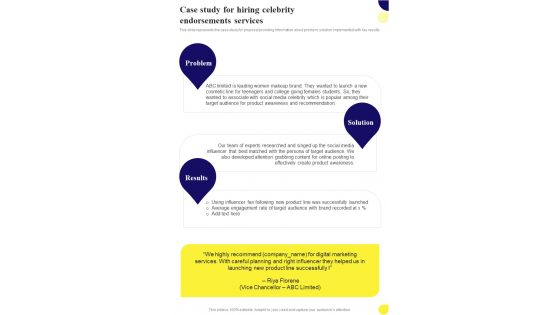 Case Study For Hiring Celebrity Endorsements Services One Pager Sample Example Document