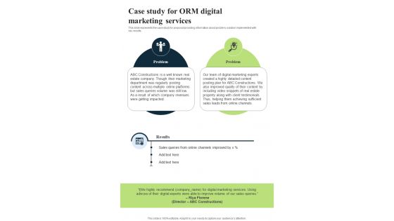 Case Study For ORM Digital Marketing One Pager Sample Example Document