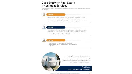 Case Study For Real Estate Investment Services One Pager Sample Example Document