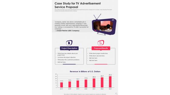 Case Study For Tv Advertisement Service Proposal One Pager Sample Example Document
