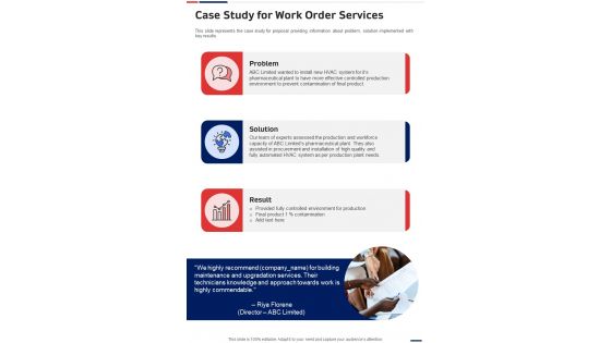 Case Study For Work Order Services One Pager Sample Example Document