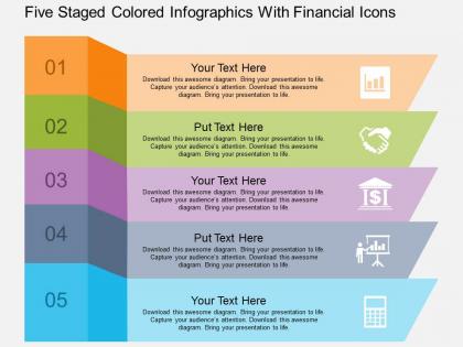 Ce five staged colored infographics with financial icons flat powerpoint design