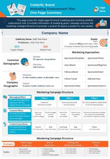 Celebrity brand marketing endorsement plan one page summary presentation report infographic ppt pdf document