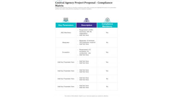 Central Agency Project Proposal Compliance Matrix One Pager Sample Example Document