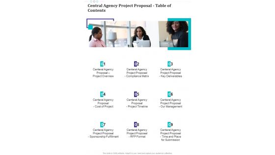 Central Agency Project Proposal Table Of Contents One Pager Sample Example Document
