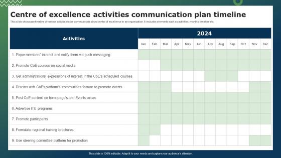 Centre Of Excellence Activities Communication Plan Timeline