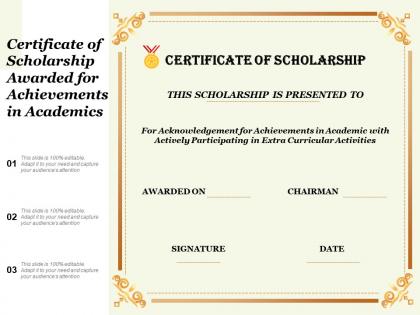Certificate of scholarship awarded for achievements in academics
