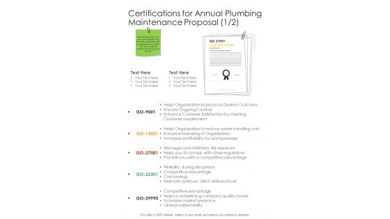 Certifications For Annual Plumbing Maintenance Proposal One Pager Sample Example Document