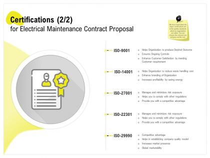 Certifications for electrical maintenance contract proposal ppt powerpoint samples
