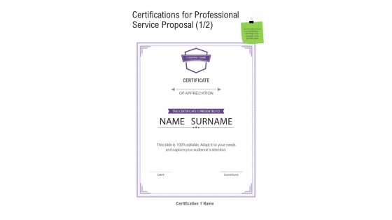 Certifications For Professional Service Proposal One Pager Sample Example Document