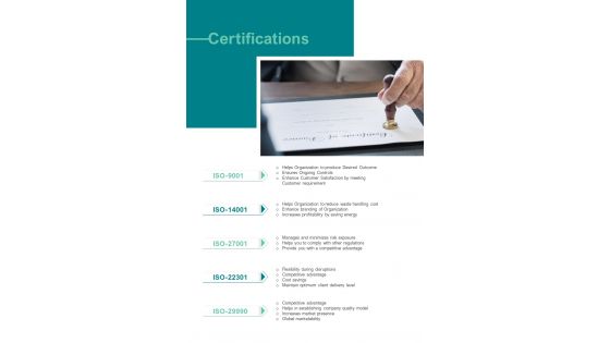 Certifications Solar Proposal Template One Pager Sample Example Document