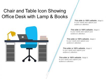 Chair and table icon showing office desk with lamp and books