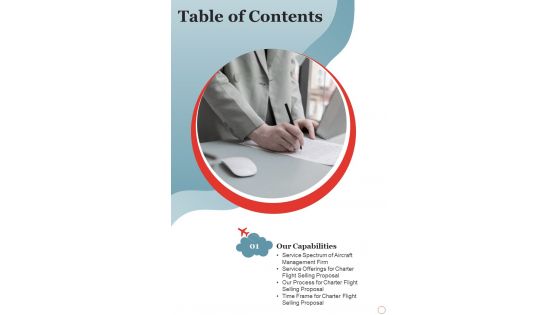 Charter Flight Selling Proposal Table Of Contents One Pager Sample Example Document