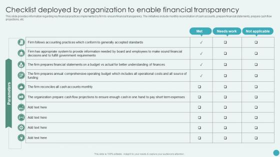 Checklist Deployed By Organization To Enable Financial Transparency Revamping Corporate Strategy