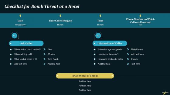 Checklist For Bomb Threat At A Hotel Training Ppt