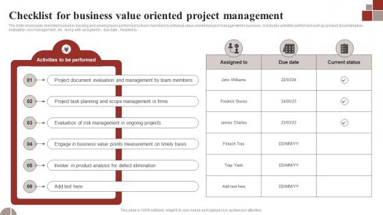 Checklist For Business Value Oriented Project Management