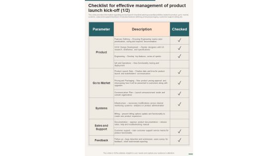 Checklist For Effective Management Of Product Launch Kick One Pager Sample Example Document