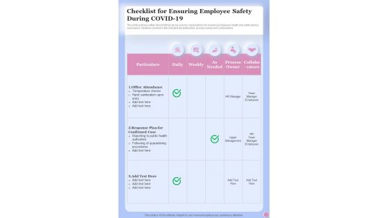 Checklist For Ensuring Employee Safety Covid 19 Health And Fitness One Pager Sample Example Document