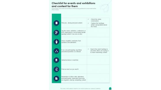 Checklist For Events And Exhibitions And Content For Them One Pager Sample Example Document