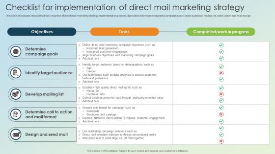 Checklist For Implementation Of Direct Mail Marketing Strategy