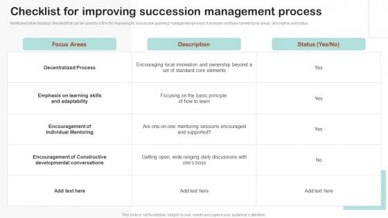 Checklist For Improving Succession Management Process Employee Succession Planning And Management