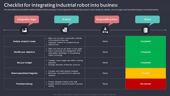 Checklist For Integrating Industrial Robot Into Business Implementation Of Robotic Automation In Business