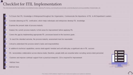 Checklist For ITIL Implementation Ppt Powerpoint Presentation Ideas Gridlines