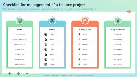 Checklist For Management Of A Finance Project