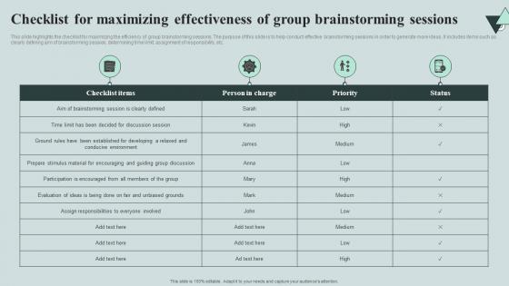 Checklist For Maximizing Effectiveness Of Group Brainstorming Sessions