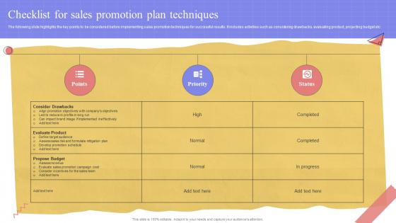 Checklist For Sales Promotion Plan Techniques