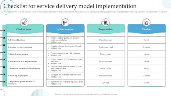 Checklist For Service Delivery Model Implementation