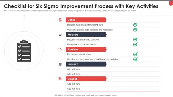 Checklist For Six Sigma Improvement Process With Key Activities