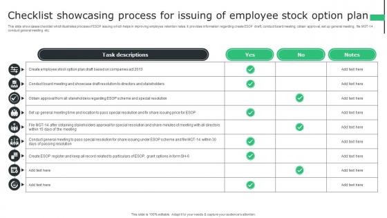 Checklist Showcasing Process For Issuing Of Employee Stock Option Plan