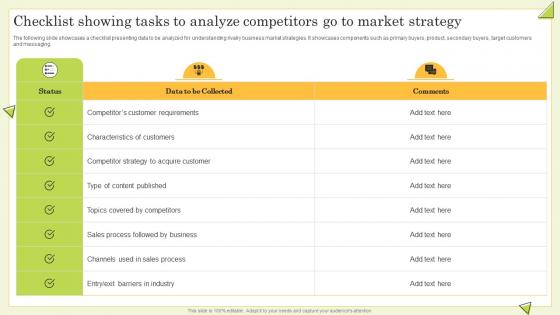 Checklist Showing Tasks To Analyze Competitors Go To Market Strategy Guide To Perform Competitor