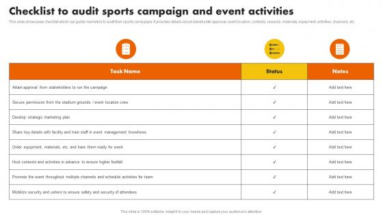 Checklist To Audit Sports Campaign And Event Activities Sports Marketing Programs MKT SS V