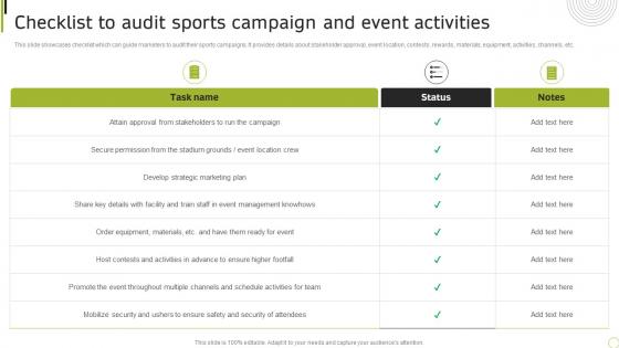 Checklist To Audit Sports Campaign And Sporting Brand Comprehensive Advertising Guide MKT SS V