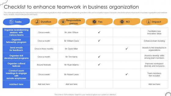 Checklist To Enhance Teamwork In Business Organization