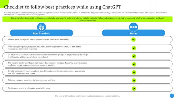 Checklist To Follow Best Practices While Chatgpt Architecture And Functioning ChatGPT SS