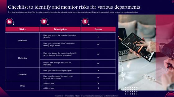 Checklist To Identify And Monitor Risks For Various Departments Risk Monitoring And Management