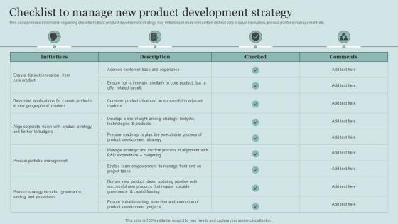 Checklist To Manage New Product Development Strategy Critical Initiatives To Deploy Successful Business