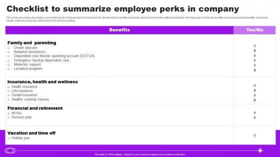Checklist To Summarize Employee Perks In Company