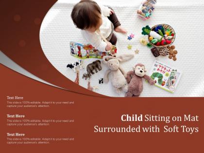 Child sitting on mat surrounded with soft toys